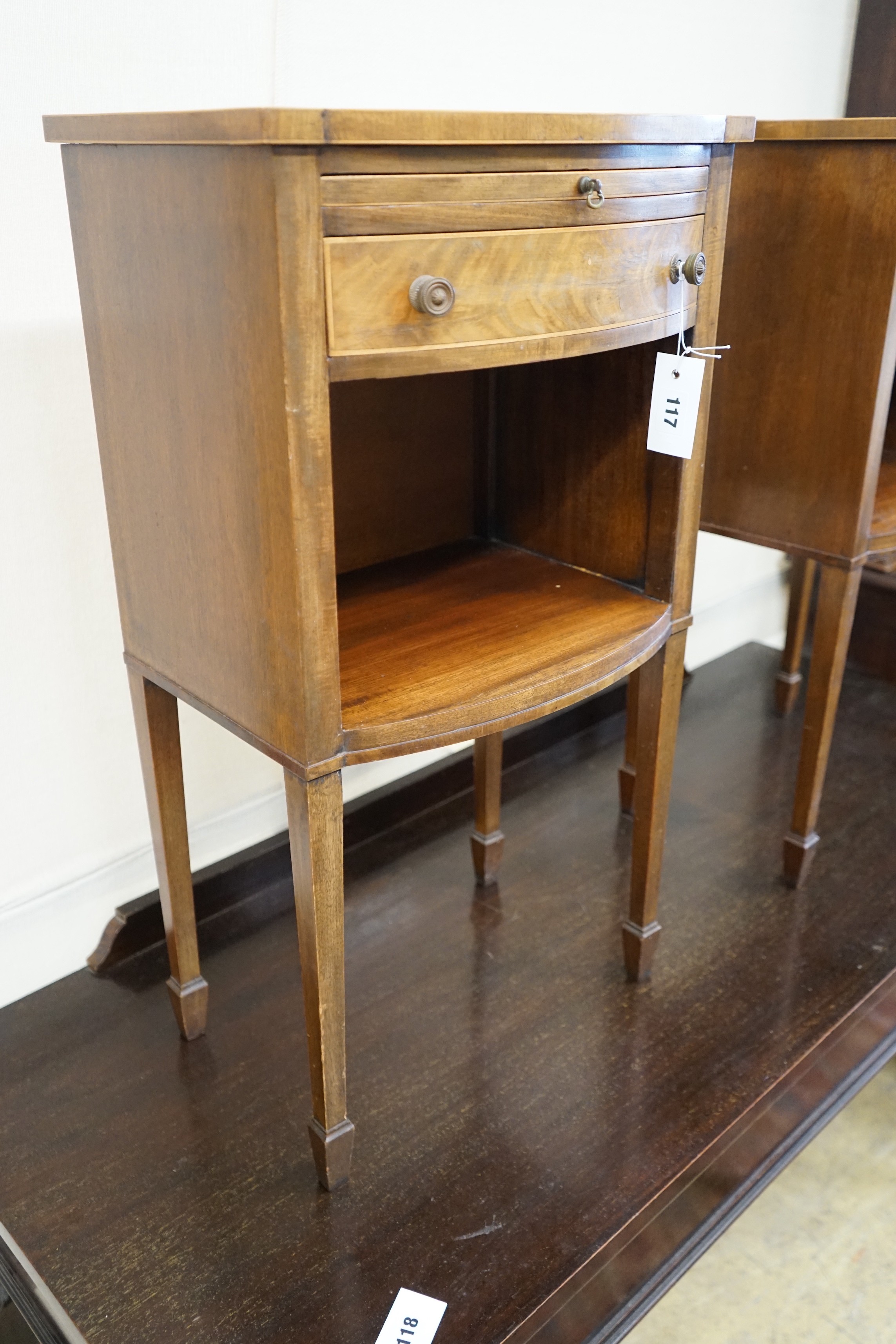 A pair of George III style mahogany bowfront bedside cabinets, width 40cm, depth 30cm, height 76cm